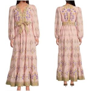 A Loves A Size S Pink Floral Maxi Dress Belted Linen Blend Long Sleeve NWT $169